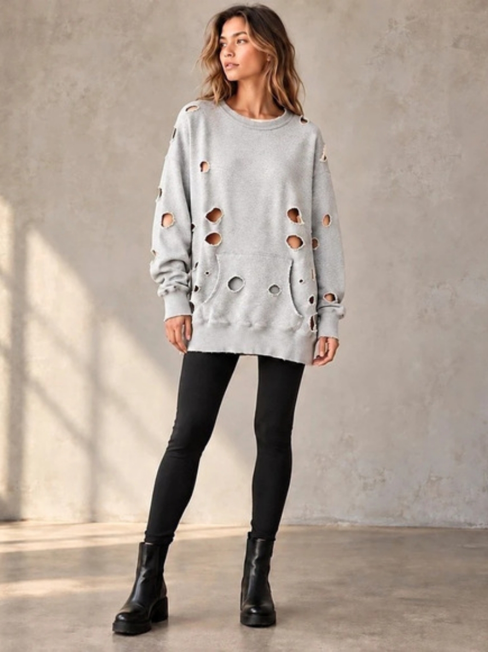 Japanese Label Distressed Oversized Gray Kangaroo Pocket Sweatshirt Size S